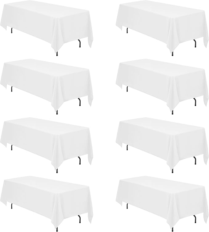 BRILLMAX 8 Pack White Tablecloths 70 x 120 Inch for 6ft & 8ft Rectangle Tables - 150 GSM Polyester Fabric, Universal Fit, Water, Stain & Wrinkle Resistant Cloth Cover for Wedding Reception Banquet