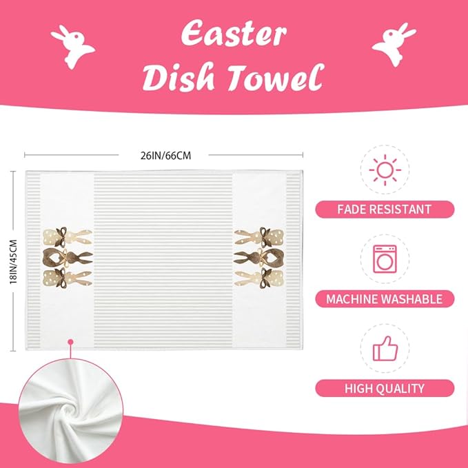 ARKENY Easter Kitchen Towels Beige Bunny Dish Cloths 18x26 Inch Ultra Absorbent Bar Drying Cloth Eggs Hand Towel for Kitchen Bathroom Party Easter Decorations Set of 2