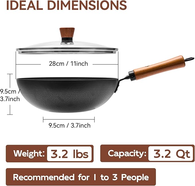WANGYUANJI 11 Inch Round Bottom Iron Wok, Hand-Hammered Uncoated Wok with Wooden Handle, Traditional Stir-Fry Pan for Gas Stove or Wok Ring, Not for Flat Cooktops