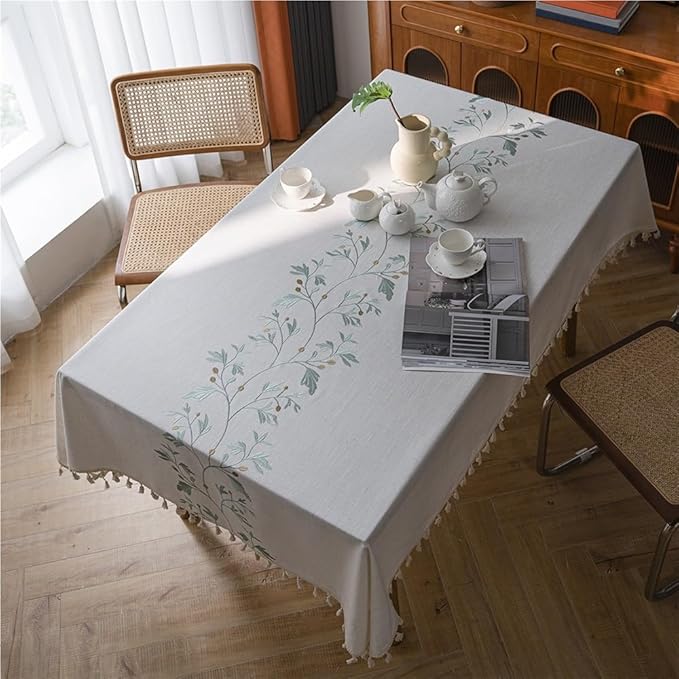 Rectangular Tablecloth Flower Embroidered Tablecloth Literary Round Table Tablecloth Suitable for Restaurant Camping(140 * 180cm)