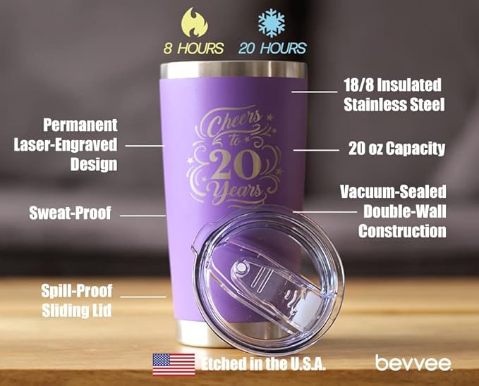 Bevvee Cheers to 20 Years - Insulated Coffee Tumbler Cup with Sliding Lid - Stainless Steel Insulated Mug - Gift for 20th Anniversary - Purple