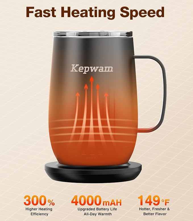Kepwam Heated Coffee Mug T2-Plus, 20oz Leading Large Capacity Self Heating Coffee Mug, Up to 8 Hrs Battery & Hot Up to 149℉, Smart Coffee Mug for Women, Men