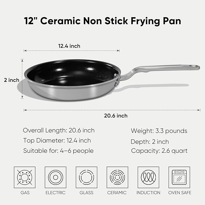 5 Ply Ceramic Non Stick Frying Pans - 12 Inch Stainless Clad Nonstick Skillet, Toxic, PTFE & PFOA FREE, Professional Cookware for Induction, All Stoves and Oven up to 650°F