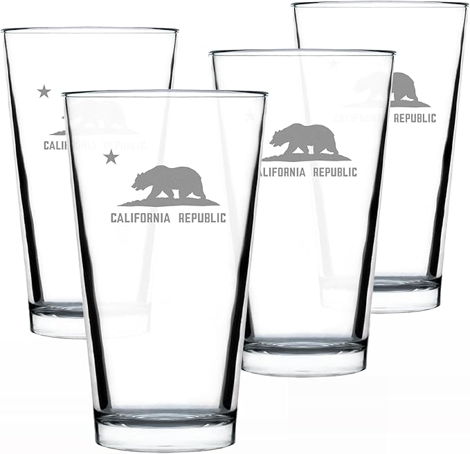 Bevvee California Flag Pint Glass for Beer - State Themed Drinking Decor and Gifts for Californian Women & Men - Set of 4-16 Oz Glasses