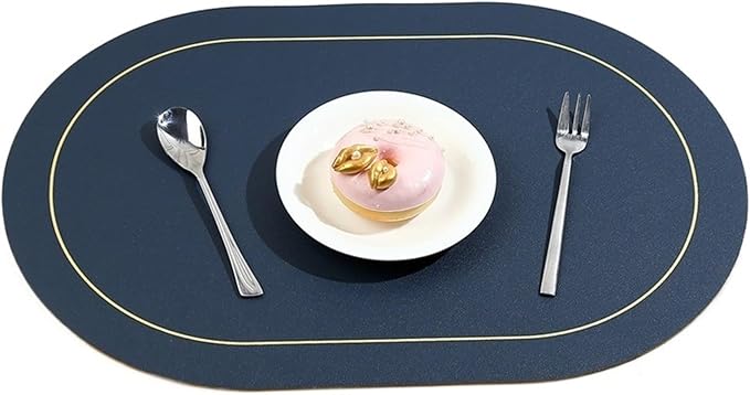 Ellipse Two-Sided Placemat Tableware Pad Table Mat Heat Insulation PU Leather Placemats Bowl Coaster Kitchen Non-Slip(Dark Blue)