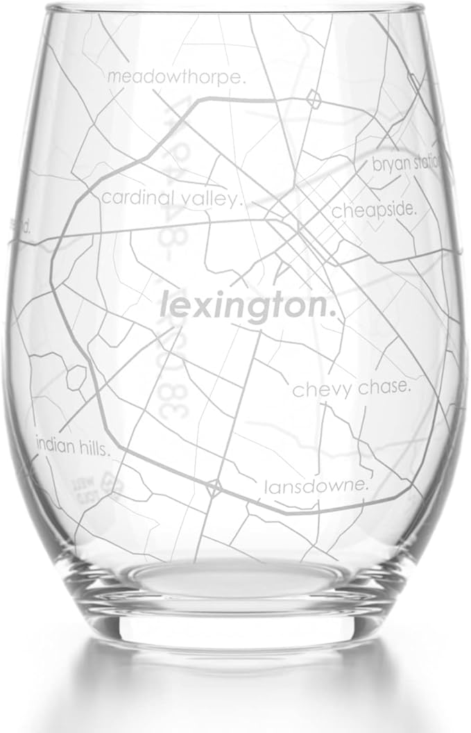 Well Told Engraved Lexington Kentucky Map Stemless Wine Glass, Etched Glass (15 oz, Clear) City Custom Gifts for Lovers