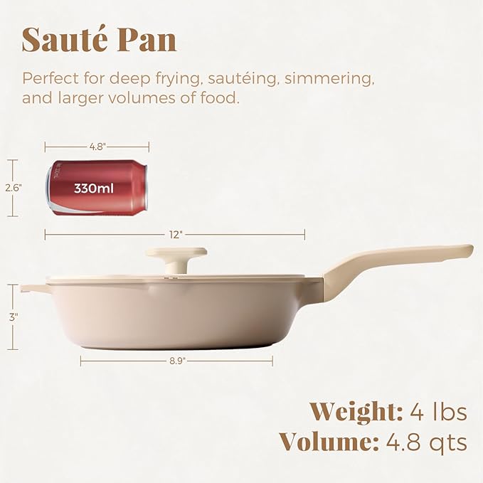 PRICUSIS Nonstick Deep Frying Pan with Glass Lid, 12 Inch (4.8 qt), 5X Durable Nonstick Sauté Pan, Scratch & Stain Resistant, PFOA Free, Induction Compatible, Dishwasher & Oven Safe, Natural Linen