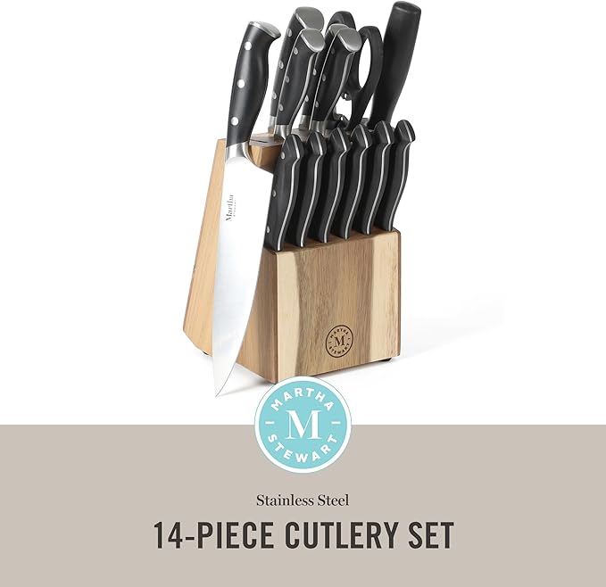 Martha Stewart Greeley 14 pc Triple- Riveted Cutlery Knife Acacia Wood Block Set w/Comfort Grip Handles- Black
