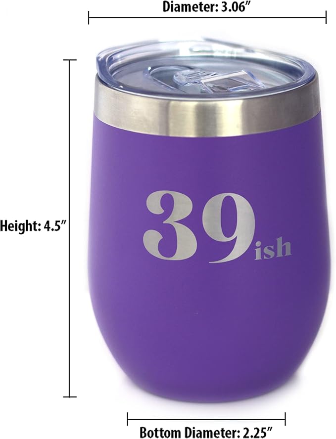 Bevvee 39ish - Funny 40th Birthday Wine Tumbler Glass with Sliding Lid - Stainless Steel Insulated Mug - Bday Party Decorations for Women Turning 40 - Purple
