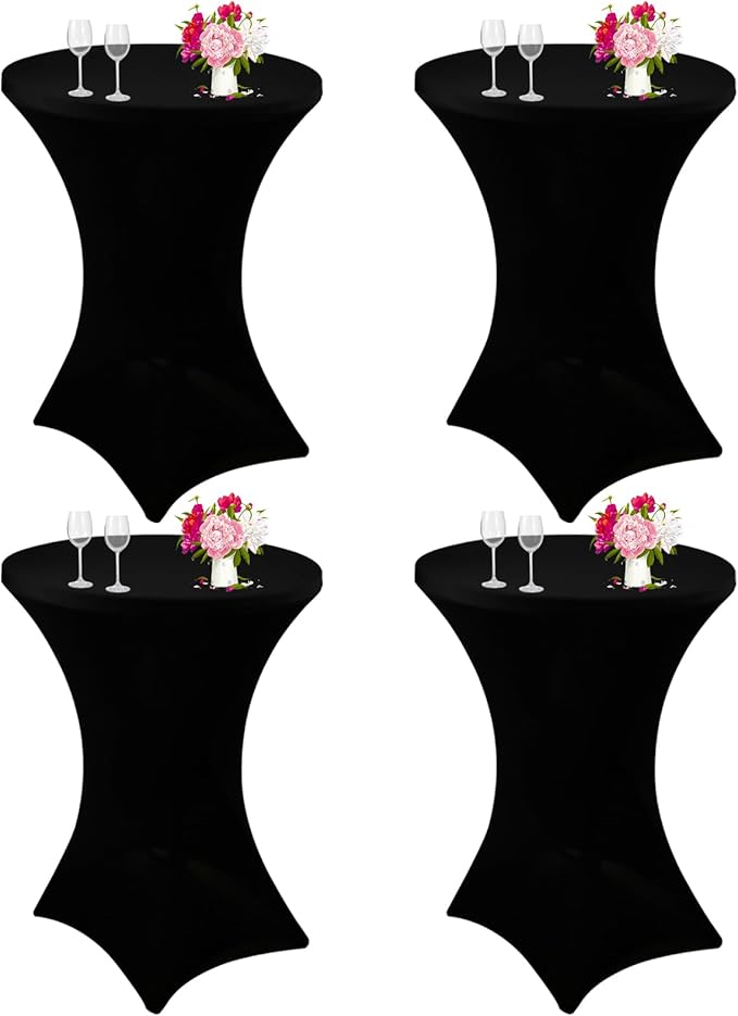 4 Pack Cocktail Spandex Tablecloth 32"x43" Cocktail Table Cover Fitted for High Top Round Table for Bar Wedding Birthday Party Banquet (Black)