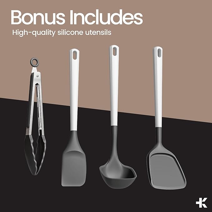 Bakken 12-Piece Aluminum Cookware Set with Ceramic Nonstick Coating, PTFE & PFAS Free, All Stovetop Safe Up To 500°F, Pots and Pans Set with Lids, Silicone Utensils Included, Dishwasher Safe, Black