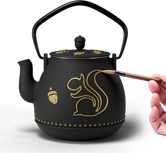 Toptier Teapot with Removable Infuser, Cast Iron Tea Kettle Stovetop Safe, Squirrel Design Tea Pot Coated with Enameled Interior for 32 Ounce (950 ml), Black