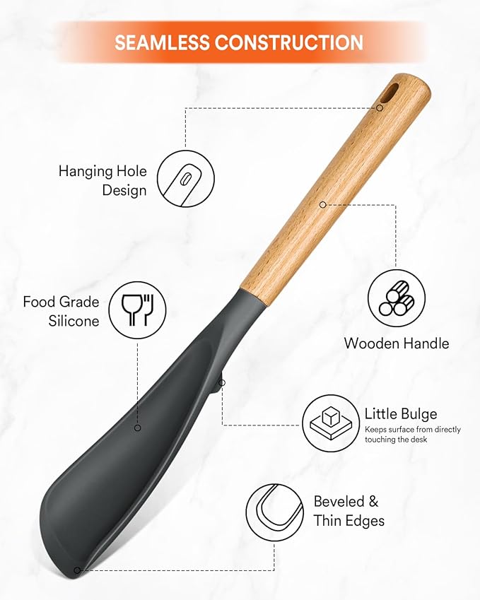 Cooking Spoon for Nonstick Cookwares, Great for Cooking and Serving Sturdy BPA-Free Matte Silicone, Wood Handle Spoon for Mixing, Scoop, and Scrape (2 Pack of Grey, 13.4 inch)