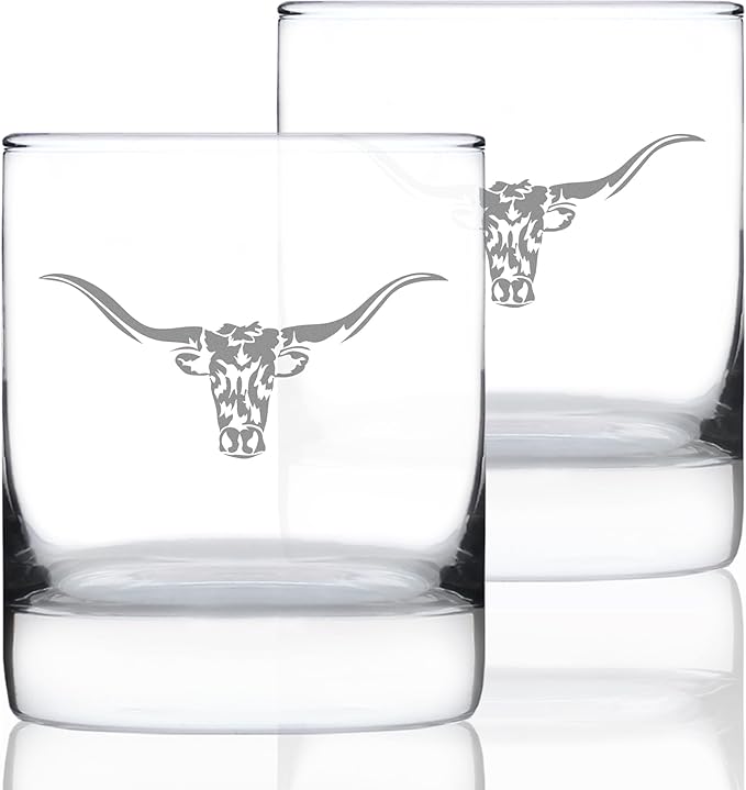 Bevvee Longhorn - Whiskey Rocks Glass - Set of 2 - Western Themed Farm Decor and Gifts for Texan Ranchers - 10.25 Ounce