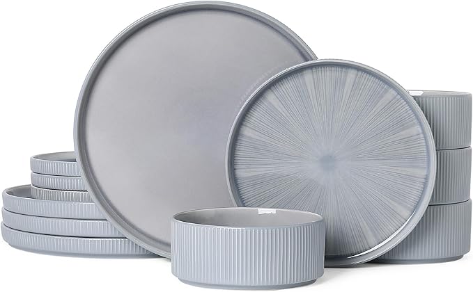 Dinnerware Sets for 4, Ceramic Plates and Bowls Set 12 Piece Dinnerware Chip Resistant Stoneware, Dishwasher and Microwave Safe-Blue