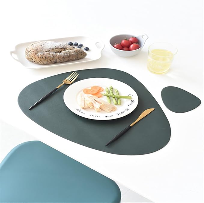 Leather Pads Nordic Creatives Dinette Mat Triangle Elliptical Waterproof Oil Insulated Dining Table Placemat and Coaster Set(Pink)