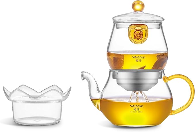560ml (18.94 oz) Borosilicate Glass Teapot Set, 2-in-1 Gongfu Tea Brewer with Upper Brewing Pot and Lower Serving Kettle, Clear Teapot with Base for Blooming and Loose Leaf Tea