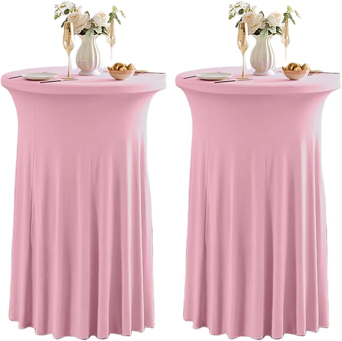 Qubjus 2 Pack Round Cocktail Table Covers with Skirt Stretch Spandex Tablecloth 24"x43" Cocktail Round Tablecloth for Party Wedding Birthday Banquet, Pink