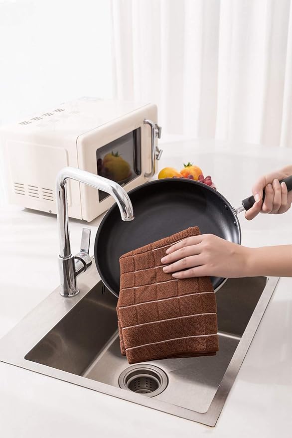 Microfiber Dish Towels - Soft, Super Absorbent and Lint Free Kitchen Towels - 8 Pack (Lattice Designed Brown Colors) - 26 x 18 Inch