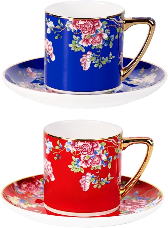 KAMMAK Tea Cups and Saucers Set of 2, Porcelain Coffee Cups with Saucer for Espresso, Cappuccino, 7.5oz Vintage Red and Blue Ceramic Novelty Mug for Home, Tea Party, Office