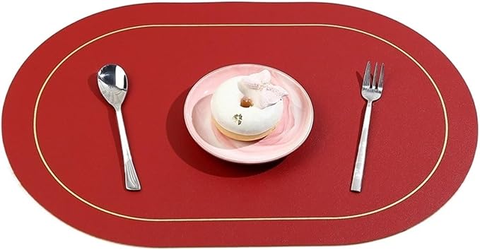 Ellipse Two-Sided Placemat Tableware Pad Table Mat Heat Insulation PU Leather Placemats Bowl Coaster Kitchen Non-Slip(Wine red)