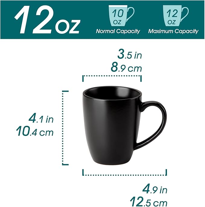 vancasso PLAYA Ceramic Coffee Mug Set of 6, 12 Oz Tea Cups with Handle for Latte, Tea, Cappuccino, Milk, Cocoa, Microwave&Dishwasher Safe, Black
