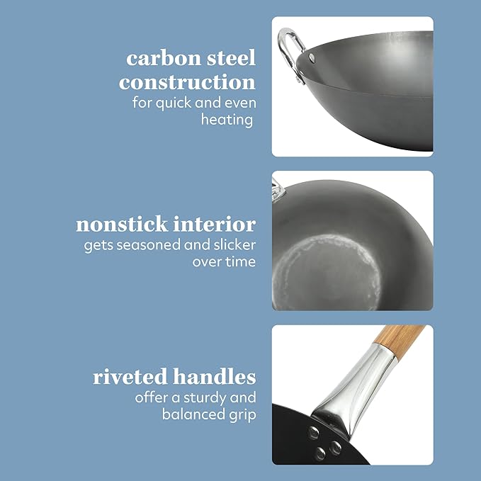 SUR LA TABLE Kitchen Essentials Quick Fire 13.5" Carbon Steel Flat Bottom Wok – Durable Nonstick Stir Fry Pan