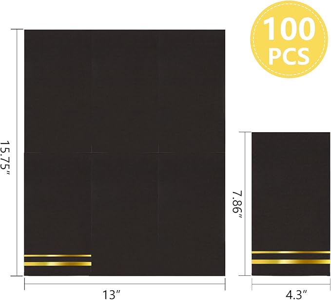 BUCLA 100-Count 3-Ply Black and Gold Napkins - Black Paper Dinner Napkins Disposable Premium Quality, Disposable Soft, Absorbent for Party, Wedding, Kitchen&New Year