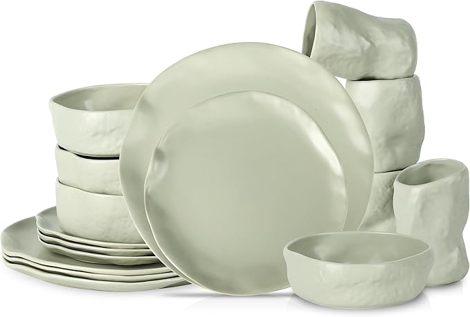 Stone by Mercer Project Atik Modern Stoneware 16-Piece Dinnerware Set, Plate and Bowl Set, Dish set for 4, Sage-Grey