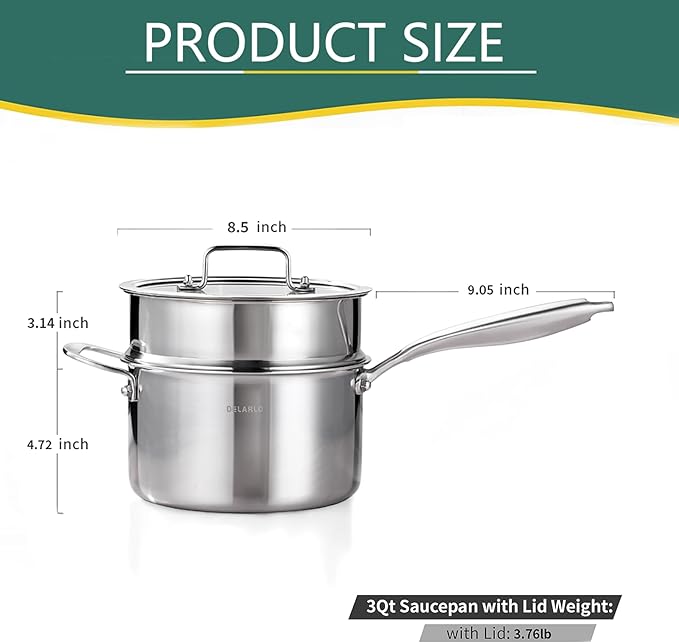 DELARLO Tri-Ply Whole-Clad Stainless Saucepan 3.5 Quart Steamer Set With Glass Lid, Ergonomic Handle, Vegetable Steamer, Multipurpose Sauce Pan, Kitchen Sauce Pot, Oven Safe