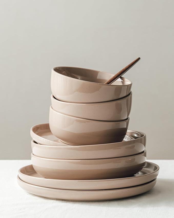 Famiware Milkyway Stoneware Dinnerware Sets with Mugs, Service for 6 (24 Pieces), Plates and Bowls Sets -Scratch Resistant, Microwave and Dishwasher Safe Dishes Set, Cinnamon Brown