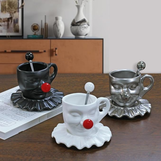 Tea Cups and Saucers, Ceramic Coffee Cup Set 8.5oz, Porcelain Tea Set Face artistic clown cup Design for Lover Gift & Home Decor-Black