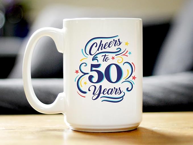 Bevvee Cheers to 50 Years - Coffee Mug Gifts for Women & Men - 50th Anniversary Party Decor - Large 15oz White Ceramic Mug