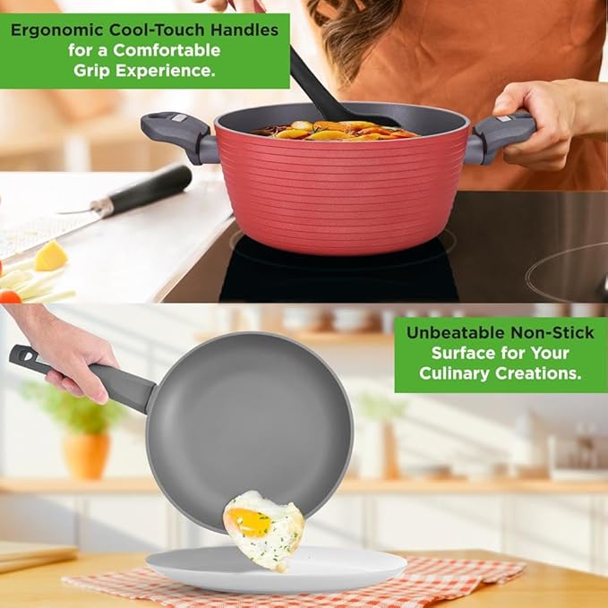 NutriChef Professional 12-Piece Red Nonstick Cookware Set - PFOA/PFOS-Free, Heat Resistant Lacquer, Elegant Design, Multi-Sized Pots and Pans