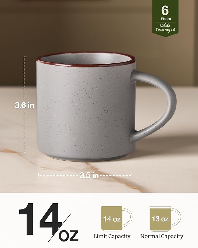 famiware Coffee Mugs Set of 6, Nebula 14oz Coffee Mugs, Ceramic Cup Set with Handle for Latte, Tea, Milk, Cappuccino, Cocoa, Dark Gray