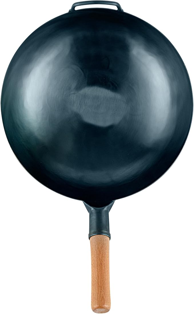 Restaurantware-Motomori 14 Inch Blue Carbon Steel Wok Pan, 1 Traditional Japanese Wok - Flat Bottom, Hand-Hammered, Carbon Steel Traditional Stir Fry Pan, With Wooden Handle