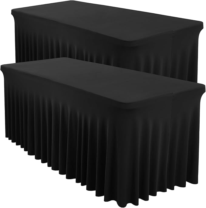 2 Packs Black Spandex Table Covers 8 Foot, Fitted Stretch Table Cloth with Skirts 96x30 Inch, Wrinkle-Free Floor Length Rectangle Tablecloths for Trade Show Weddings Parties Banquets Events