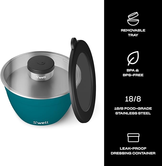 S'well Stainless Steel Salad Bowl Kit 64oz, Peacock Blue, Comes with 2oz Mini Canister and Removable Tray for Organization, Leakproof, Easy to Clean, Dishwasher Safe
