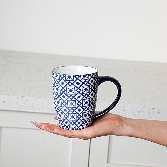 Ceramic Coffee Mugs Set - 16 Oz Large Porcelain Tea Cups with Handle for Women Men Cocoa Cappuccino Latte - Christmas Housewarming Gift - Dishwasher Safe - Set of 6 - Vintage Blue