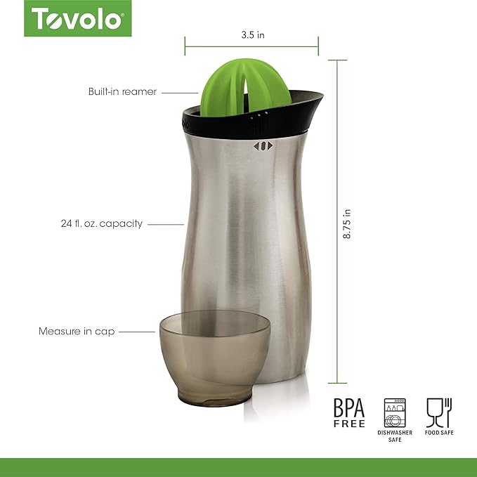 Tovolo Cocktail Shaker Stainless Steel (24 oz.) - Built-In Citrus Reamer, Strainer, & Jigger / Gadget for Bar Cart, Bartending, Home Bar, Mixology, Kitchen, & Gifting
