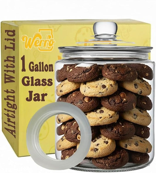 1 Gallon Glass Jar Airtight With Lid - Extra Gasket - Glass Cookie Jar - Large Food Storage Container, Wide Mouth Candy Jar With Lid, Pet Food, Flour, Detergent Pods, Kitchen or Laundry Room