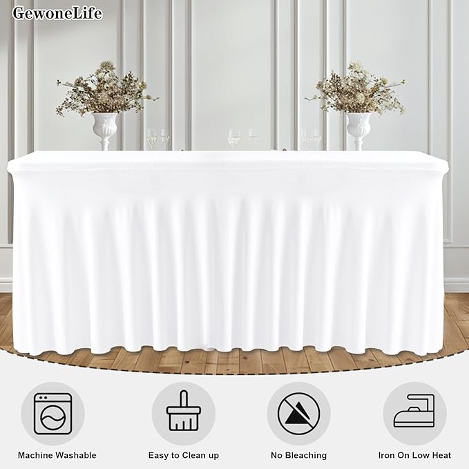 2 Pack White Rectangle Tablecloths, Washable Stretch Fitted Spandex Table Covers for 6FT Tables, Wrinkle-Free & Reusable Table Cloths,Ideal for Parties, Banquets, Wedding, Buffet,Events