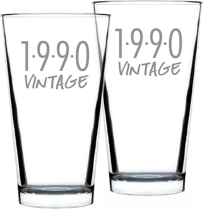 Bevvee Vintage 1990 Pint Glass for Beer - 36th Birthday Gifts for Men or Women Turning 36 - Fun Bday Party Decor - Set of 2-16 oz