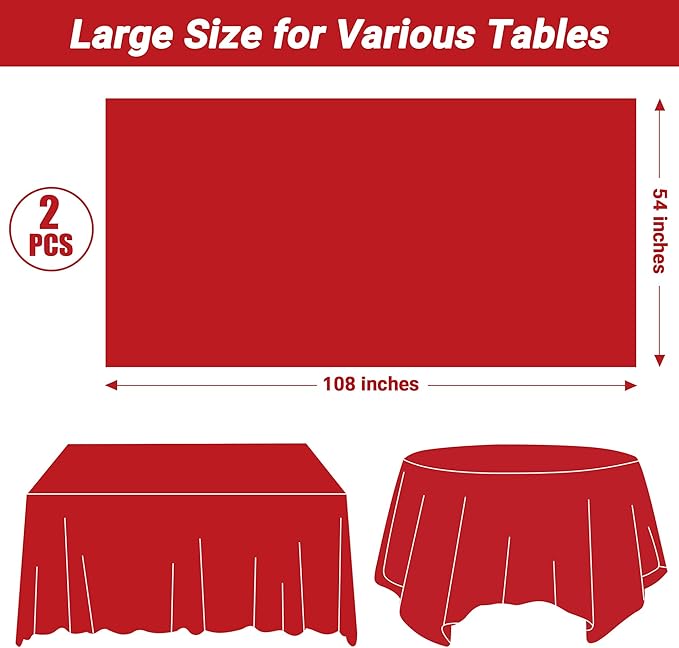 QZYL 2 Pack Picnic Table Cover, 108 x 54 Inches Red Plastic Table Cloths, Red Disposable Tablecloth Rectangle Tablecover, Waterproof Decorations Party Supplies for Wedding Anniversary Home
