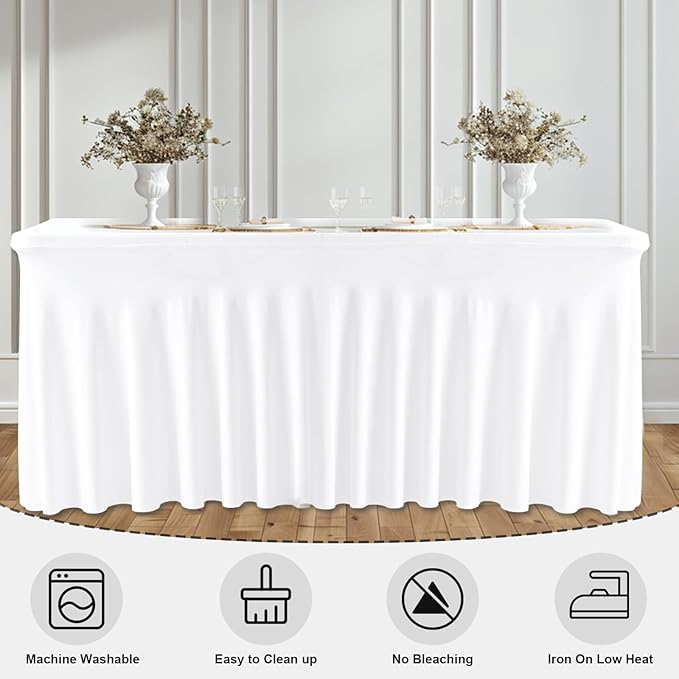 6 Pack White Rectangle Tablecloth 72 Inch with Elastic Skirt - Wrinkle-Resistant Spandex Fitted 6FT Table, Stretchable Table Cover for Wedding Banquet Birthday Party Buffet Restaurant