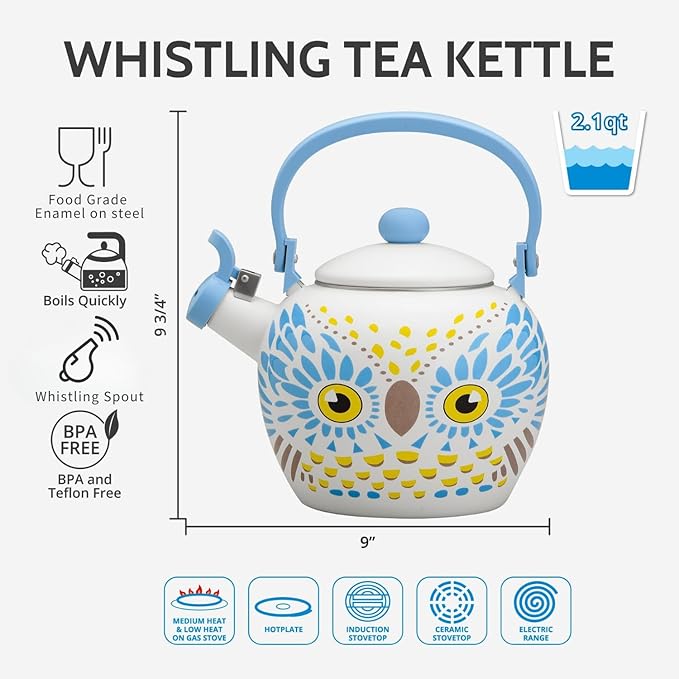 Whistling Tea Kettle for Stove Top Enamel on Steel Teakettle, Supreme Housewares Owl Design Teapot Water Kettle Cute Kitchen Accessories Teteras (2.1 Quart, Owl)