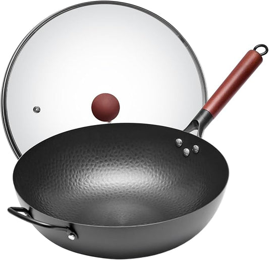 WANGYUANJI Iron Wok,13.4 inch Chinese Craft Wok with Lid Flat Bottom Stir Fry Pan,Chemical-free Wok Pan for All Stoves,Wrought Iron Wok Pure Iron Cookware