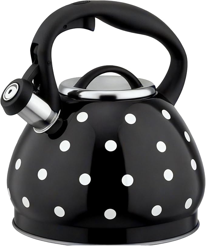 Polka Dot Tea Kettle Stovetop - 3.2 Quart Stainless Steel Whistling Kettle, Vintage Black & White Design, Gas & Electric Stove Safe, Induction
