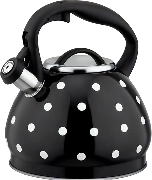 Polka Dot Tea Kettle Stovetop - 3.2 Quart Stainless Steel Whistling Kettle, Vintage Black & White Design, Gas & Electric Stove Safe, Induction