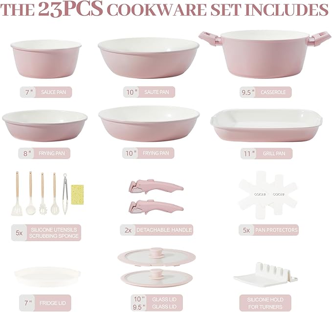 23Pcs Ceramic Cookware Set Non Stick Pots and Pans Set Non Toxic with Detachable Handle Induction Kitchen Cookware Set Space Saving, Oven & Dishwasher Safe, Light Pink
